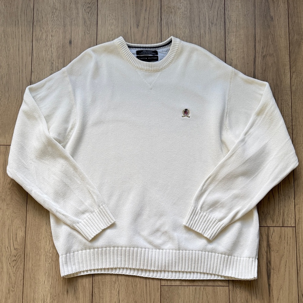 Tommy Hilfiger Vintage 90s Crewneck Sweater Men’s XL Long Sleeve White Logo